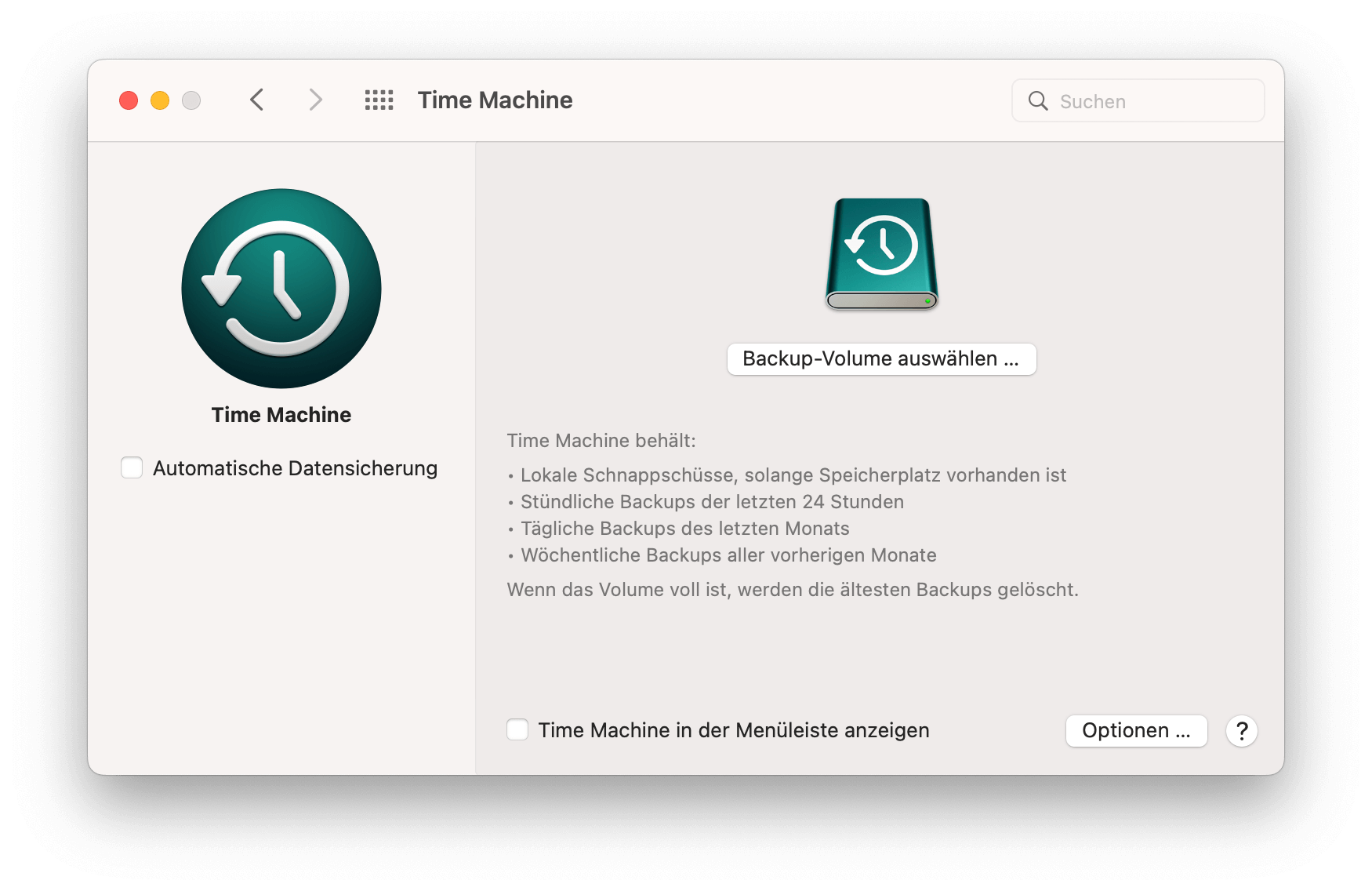 Mit Time Machine ein Backup eines Mac erstellen - macOS-Systemeinstellungen - Time Machine-Volume auswählen