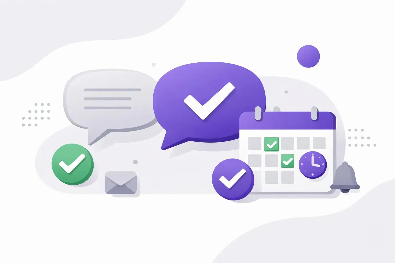 Illustration mit Sprechblasen, Häkchen und Kalender als Symbol für klare Kommunikation, feste Reaktionszeiten und verbindliche Zusammenarbeit bei STEPHAN Digital.