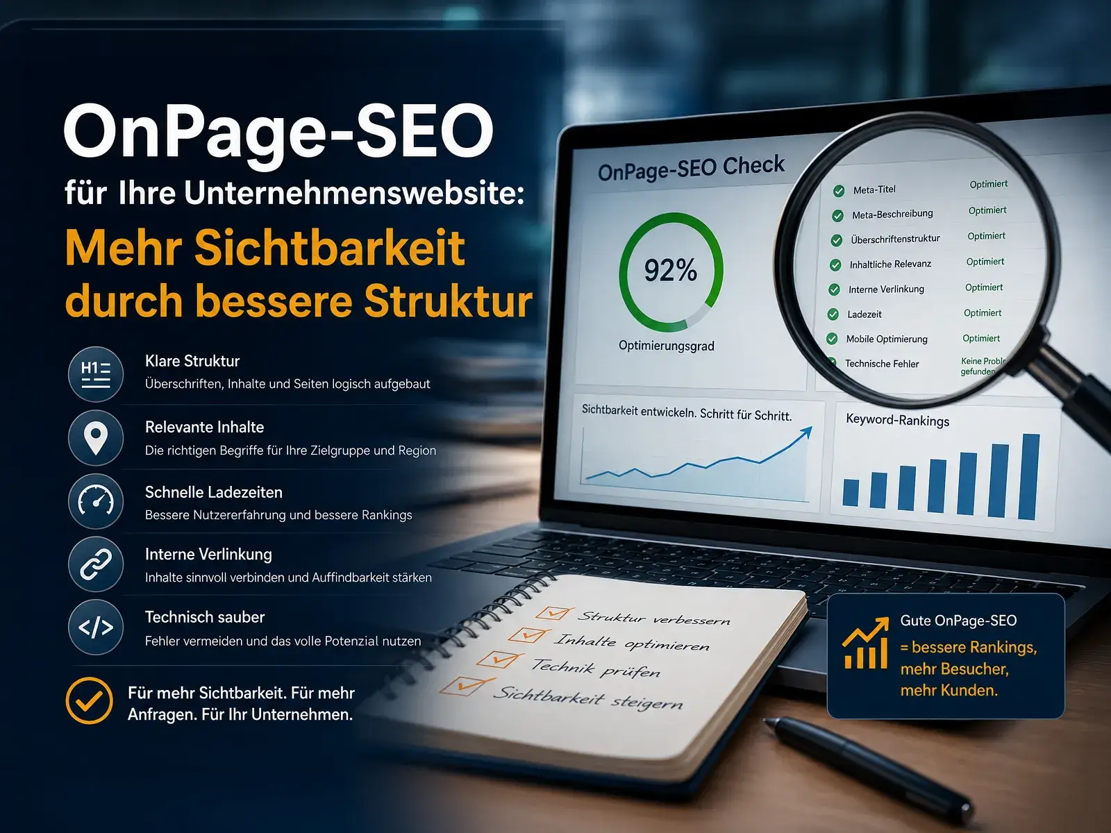 OnPage-SEO für Unternehmenswebsites mit Analyse-Dashboard, Checkliste und Symbolen für bessere Struktur, Sichtbarkeit und technische Optimierung