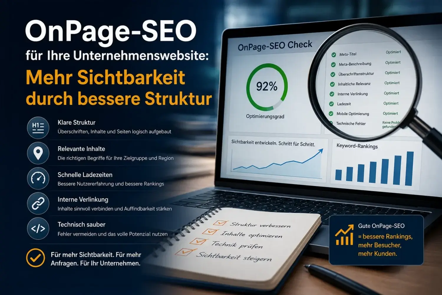 OnPage-SEO für Unternehmenswebsites mit Analyse-Dashboard, Checkliste und Symbolen für bessere Struktur, Sichtbarkeit und technische Optimierung